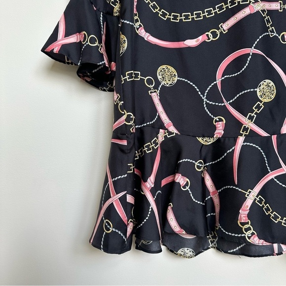 NWT Melly M 100% Silk Equestrian Print Ruffle Sleeve + Hem Mini Dress Black Pink - Picture 4 of 8